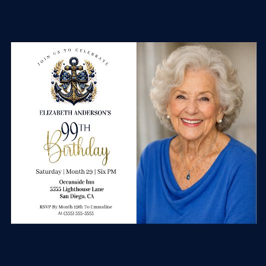 Blue and Gold Nautical Anchor 99th Birthday Photo 招待状