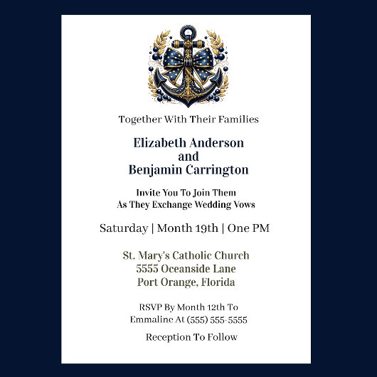 Blue and Gold Nautical Anchor Wedding 招待状