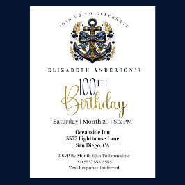 Blue and Gold Nautical Bow Anchor 100th Birthday 招待状