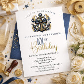 Blue and Gold Nautical Bow Anchor 101st Birthday 招待状