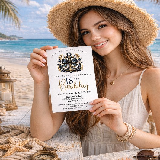 Blue and Gold Nautical Bow Anchor 18th Birthday 招待状