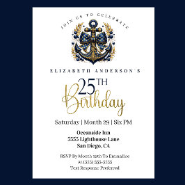 Blue and Gold Nautical Bow Anchor 25th Birthday 招待状