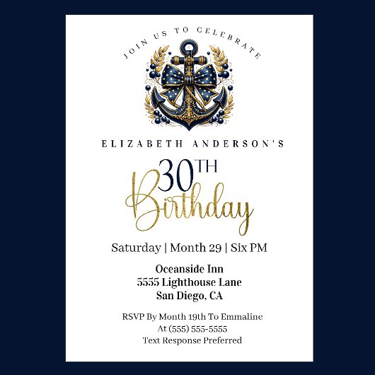 Blue and Gold Nautical Bow Anchor 30th Birthday 招待状
