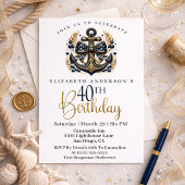 Blue and Gold Nautical Bow Anchor 40th Birthday 招待状