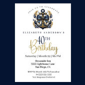 Blue and Gold Nautical Bow Anchor 40th Birthday 招待状