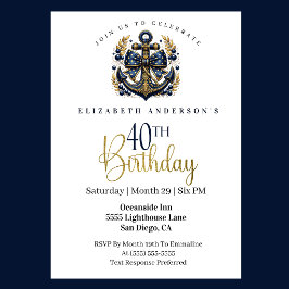 Blue and Gold Nautical Bow Anchor 40th Birthday 招待状
