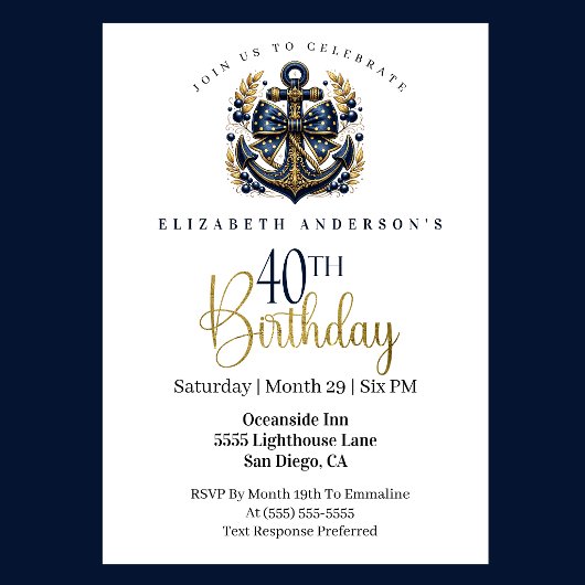 Blue and Gold Nautical Bow Anchor 40th Birthday 招待状