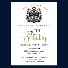 Blue and Gold Nautical Bow Anchor 50th Birthday 招待状