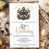 Blue and Gold Nautical Bow Anchor 50th Birthday 招待状