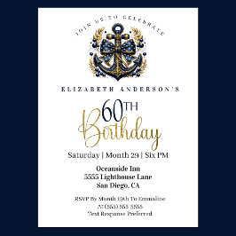 Blue and Gold Nautical Bow Anchor 60th Birthday 招待状