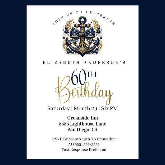 Blue and Gold Nautical Bow Anchor 60th Birthday 招待状