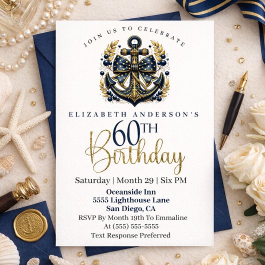 Blue and Gold Nautical Bow Anchor 60th Birthday 招待状