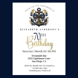 Blue and Gold Nautical Bow Anchor 70th Birthday 招待状