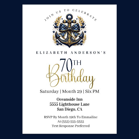 Blue and Gold Nautical Bow Anchor 70th Birthday 招待状