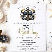 Blue and Gold Nautical Bow Anchor 75th Birthday 招待状