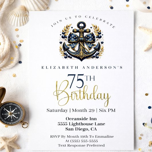 Blue and Gold Nautical Bow Anchor 75th Birthday 招待状