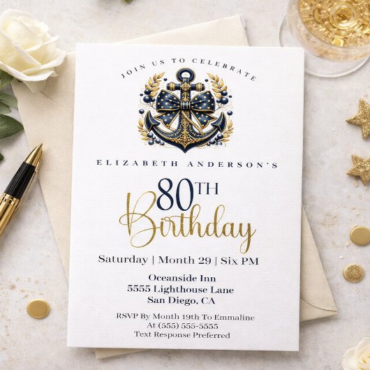 Blue and Gold Nautical Bow Anchor 80th Birthday 招待状