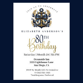 Blue and Gold Nautical Bow Anchor 80th Birthday 招待状