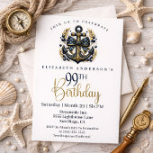 Blue and Gold Nautical Bow Anchor 99th Birthday 招待状