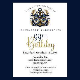 Blue and Gold Nautical Bow Anchor 99th Birthday 招待状