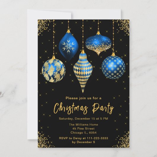 Blue and Gold Ornaments Christmas Party 招待状 (正面)