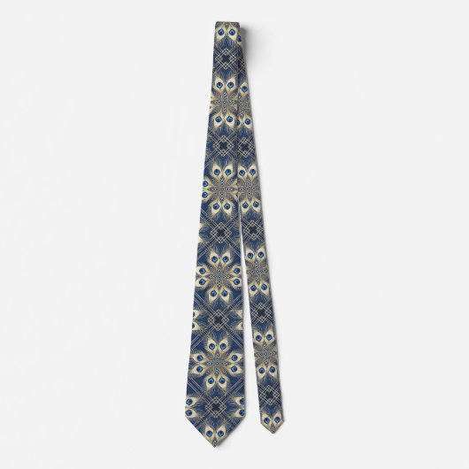 Blue and Gold Peacock Feathers Geometric Pattern ネクタイ (正面)