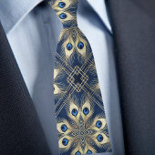 Blue and Gold Peacock Feathers Geometric Pattern ネクタイ