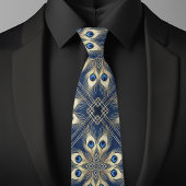 Blue and Gold Peacock Feathers Geometric Pattern ネクタイ