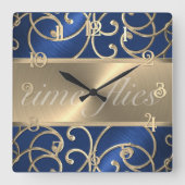 Blue and Gold Time Flies Clock スクエア壁時計 (正面)