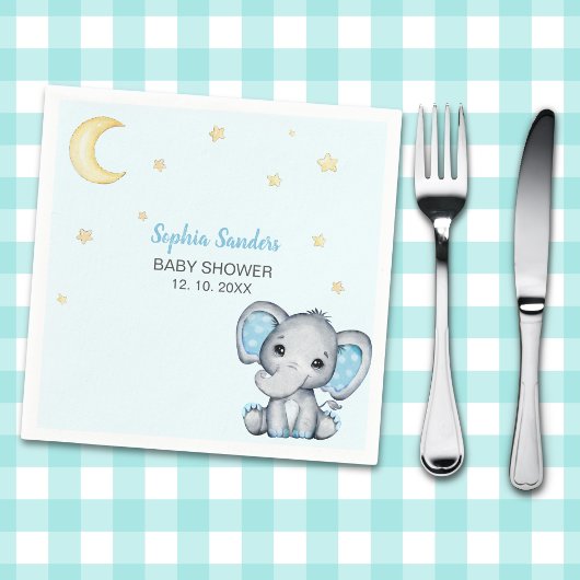 Blue and Gray Elephant Baby Shower  スタンダードカクテルナプキン