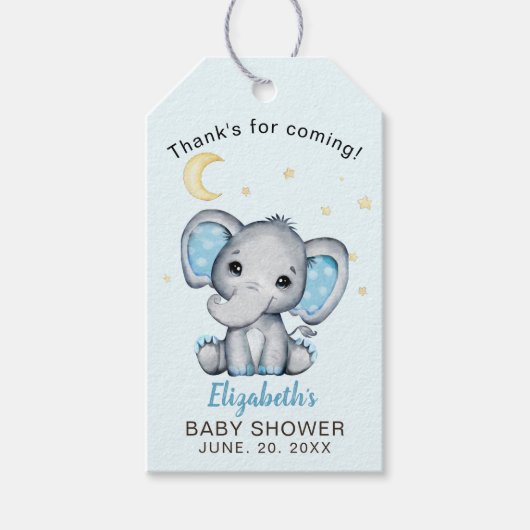Blue and Gray Elephant Baby Shower boy ギフトタグ (正面)