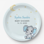 Blue and Gray Elephant Baby Shower boy ペーパープレート (正面)