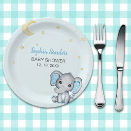 Blue and Gray Elephant Baby Shower boy ペーパープレート
