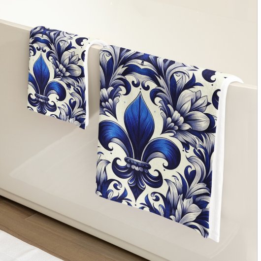 Blue and Gray Fleur de lis  バスタオルセット