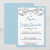 Blue and Gray Watercolor Bow & Cross Baptism 招待状 (正面/裏面)