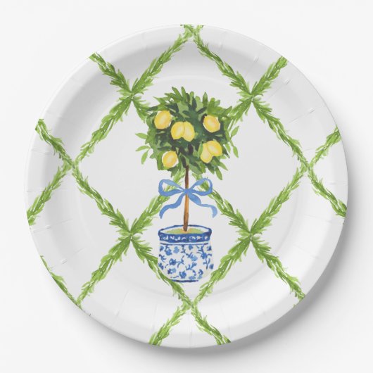 Blue and Green Chinoiserie Topiary Lemon Plates ペーパープレート (正面)