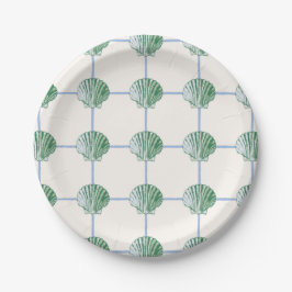 Blue and Green Clam Seashell Checkered Paper Plate ペーパープレート