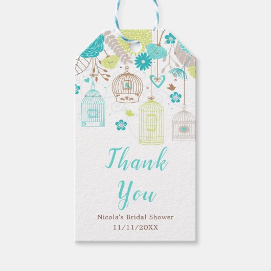 Blue and Green Floral Bird Cages Bridal Shower ギフトタグ (正面)