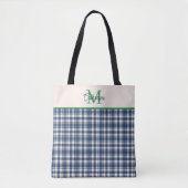 Blue and Green Gingham Plaid Tartan Monogram トートバッグ (正面)