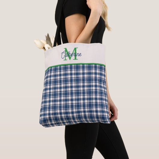 Blue and Green Gingham Plaid Tartan Monogram トートバッグ (クローズアップ)