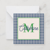 Blue and Green Gingham Plaid Tartan Monogram ノートカード (正面)