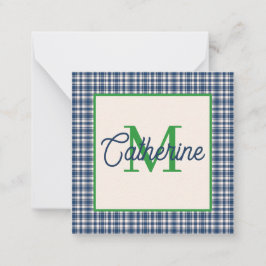 Blue and Green Gingham Plaid Tartan Monogram ノートカード