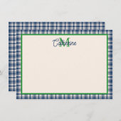 Blue and Green Gingham Plaid Tartan Monogram ノートカード (正面/裏面)