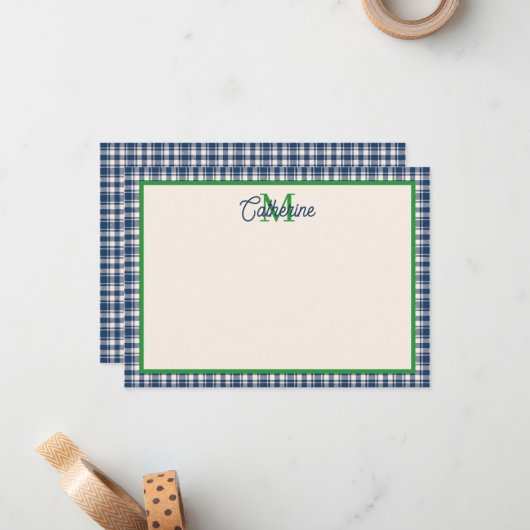 Blue and Green Gingham Plaid Tartan Monogram ノートカード (正面/裏面インサイチュ)