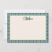 Blue and Green Gingham Plaid Tartan Monogram ノートカード (正面)