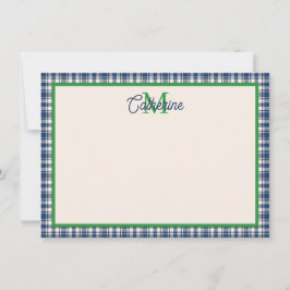 Blue and Green Gingham Plaid Tartan Monogram ノートカード