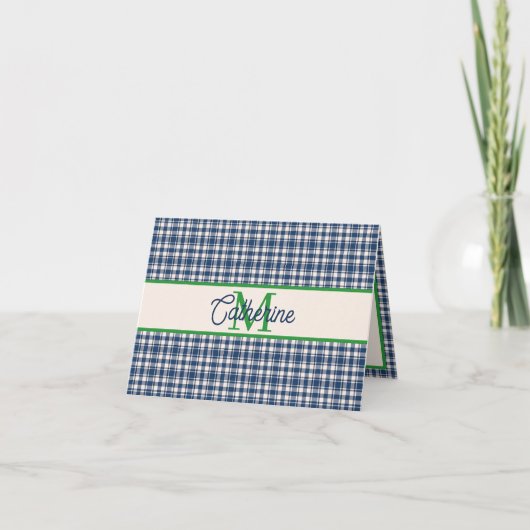 Blue and Green Gingham Plaid Tartan Monogram ノートカード (正面)