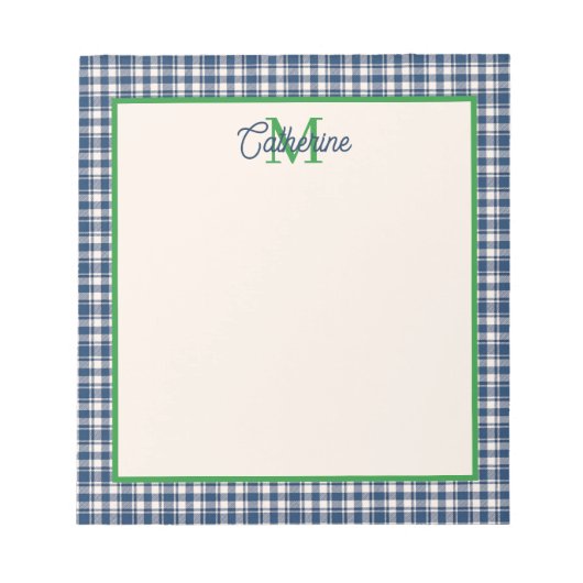 Blue and Green Gingham Plaid Tartan Monogram ノートパッド (正面)