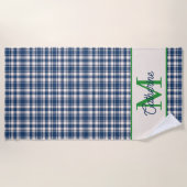 Blue and Green Gingham Plaid Tartan Monogram ビーチタオル (正面)