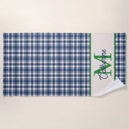 Blue and Green Gingham Plaid Tartan Monogram ビーチタオル